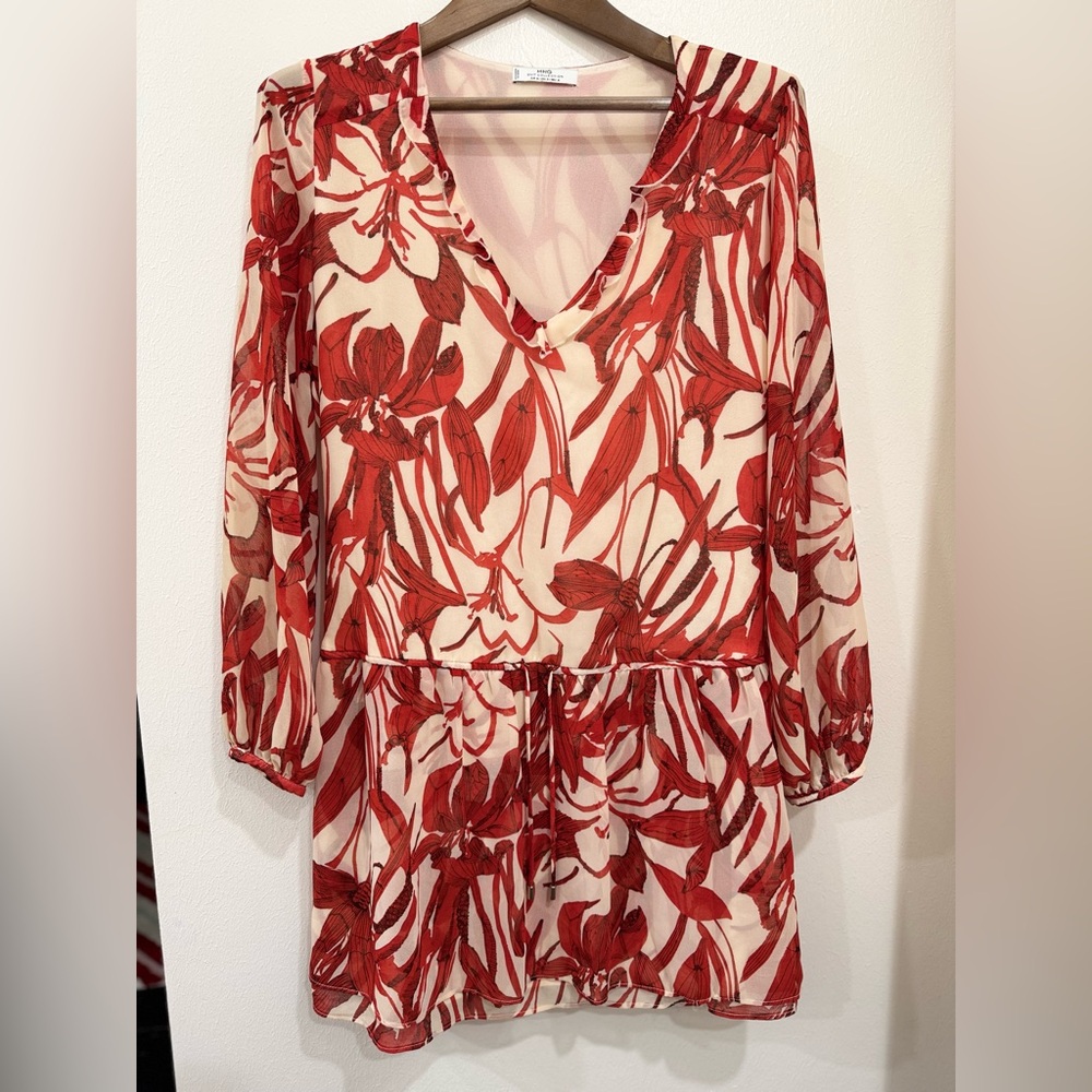 MNG Mango Floral Chiffon Tunic Dress | Romantic Boho Red Bloom